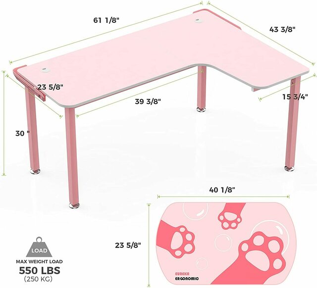 GAMING DESK L152 60 Pink Shaped L Desk Right DImensions Eureka Ergonomic Desk Scene Carousel 7 87069.1651116060