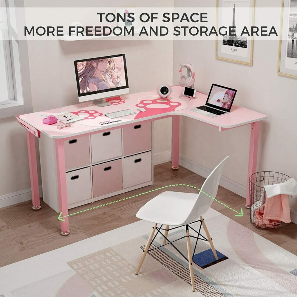 GAMING DESK L152 60 Pink Shaped L Desk Right Tons Of Space Eureka Ergonomic Desk Scene Carousel 3 02393.1651116060
