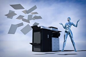 Frustrated robot woman watching paper flying from photocopier